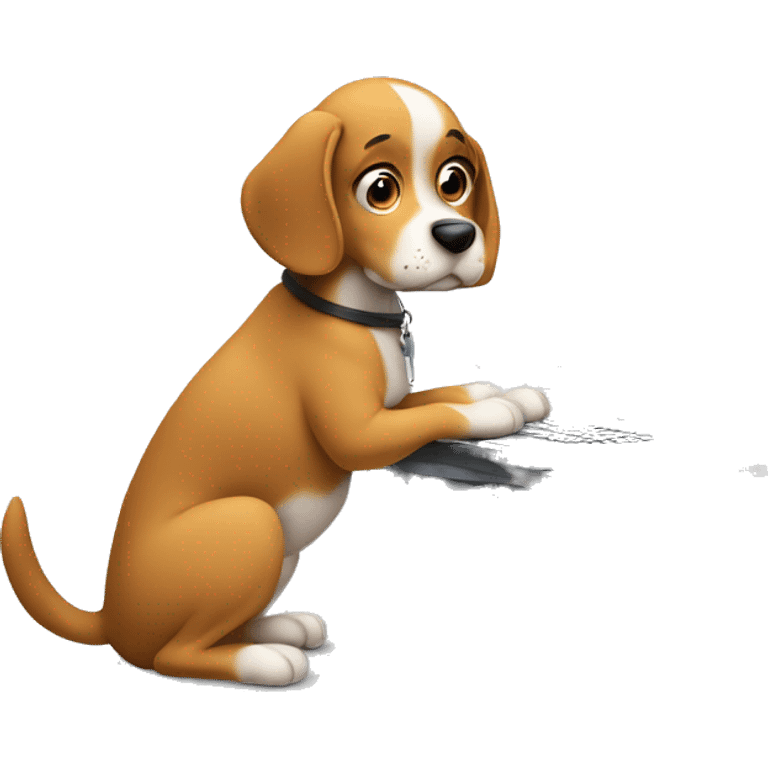 a cute dog sitting in front a computer. typing in some text with his paws. head looking back. emoji