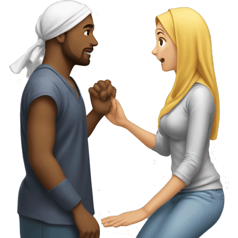 Man on knees facing woman wearing durag emoji