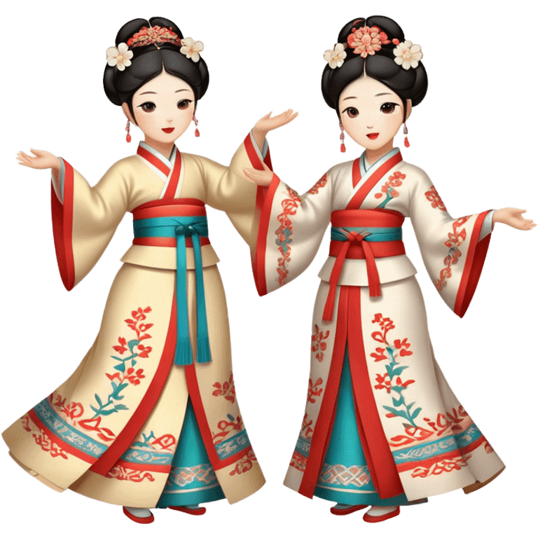 Cinematic Realistic scene of two performers engaging in Ganggangsullae, dressed in traditional Korean costumes with intricate patterns and graceful movements, illuminated by soft, festive lighting that accentuates the cultural ambiance emoji