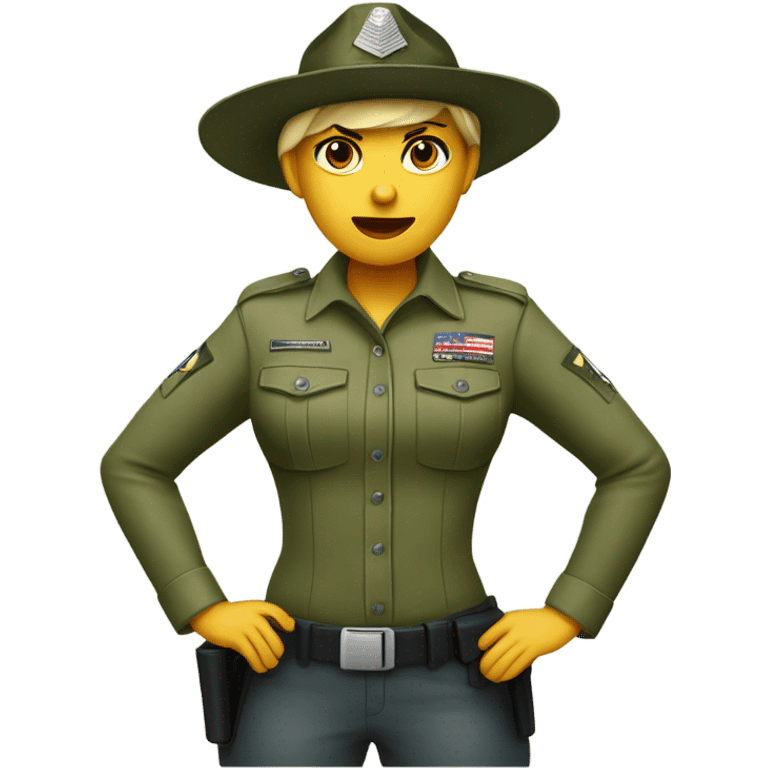 a female drill sergeant showing full torso wearing a classic sergeant hat and a camouflage army shirt. The character should have an angry intense expression.  emoji