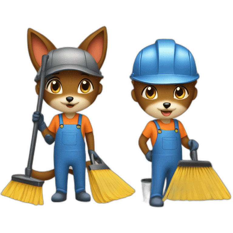 2 foxes working in a cleaning company with job attributes emoji