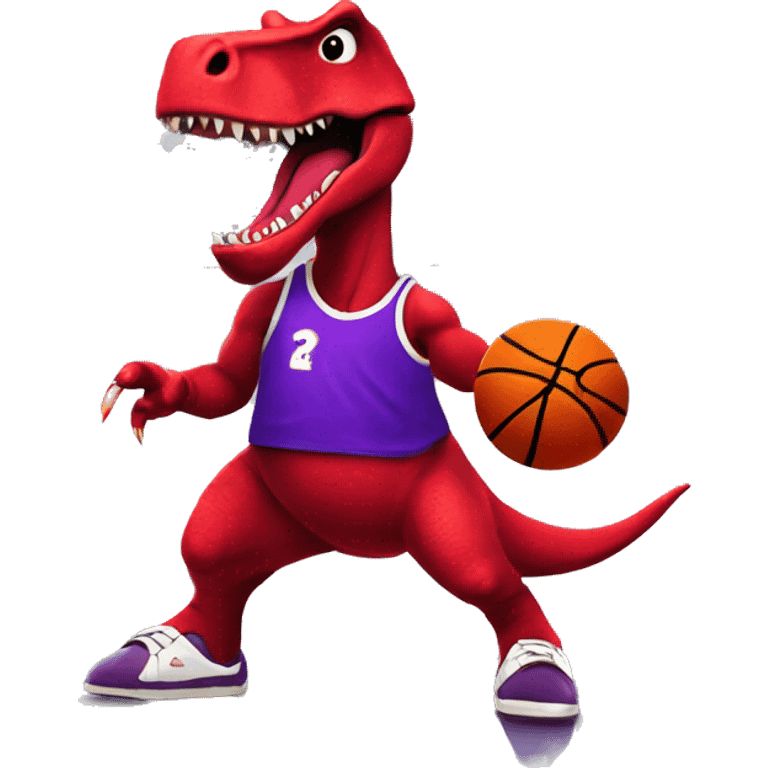 A red dinosaur wearing a purple jersey dribbling a basketball, city skyline in the background emoji