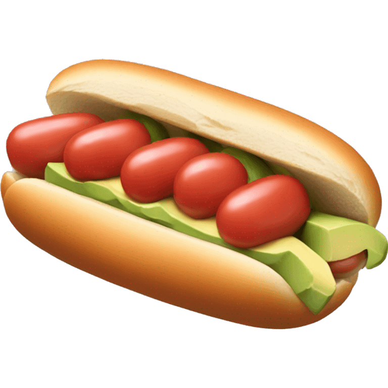 one hotdog with diced tomato, smash avocado and zigzagging mayonnaise emoji