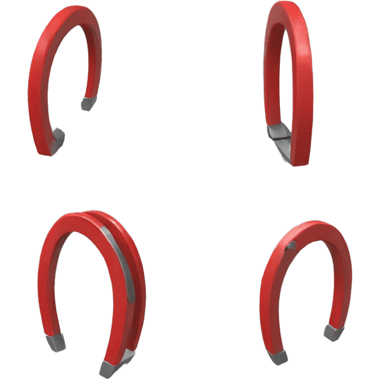 A horseshoe magnet, as used to pick up iron. Depicted at various angles in red with silver-tipped poles. emoji