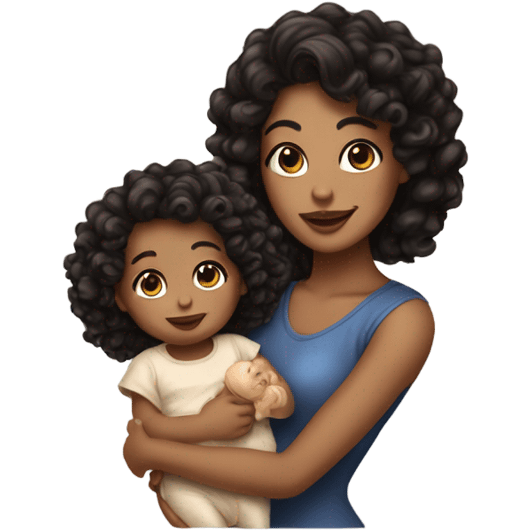 A lady with light skin and curly black hair with highlights holding a baby with really curly brown hair emoji