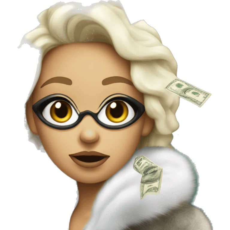 girl wearing fur coat and throwing dollar bills, luxurious  emoji