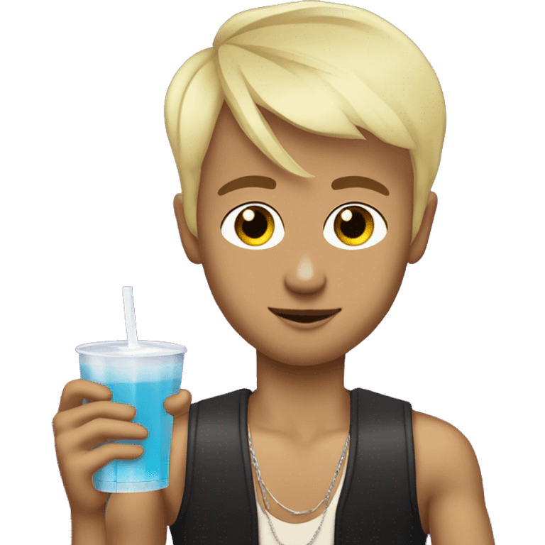 Skinny boy top off blonde side fringe in nightclub with drink in hand  emoji