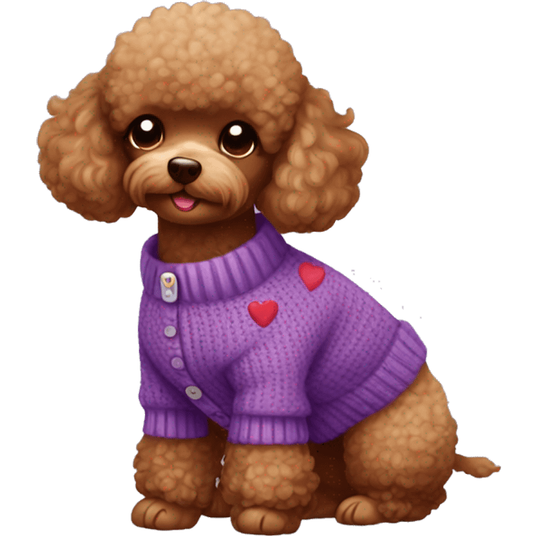 toy poodle red brown in a purple cardigan with hearts emoji