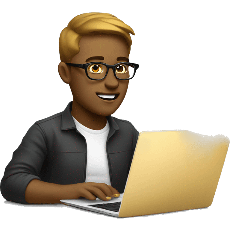 Website designer, gold skin, using laptop, wearing glasses, floating laptop, creative look. emoji