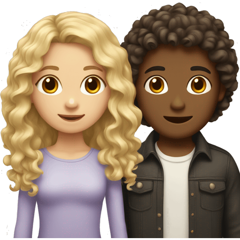 Girl with long dark hair and boy with blond curly hair emoji