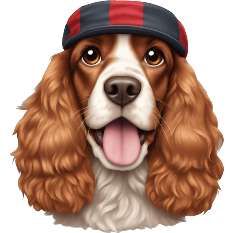 A full-length, adult, red cocker spaniel in a New Year's cap, siting emoji