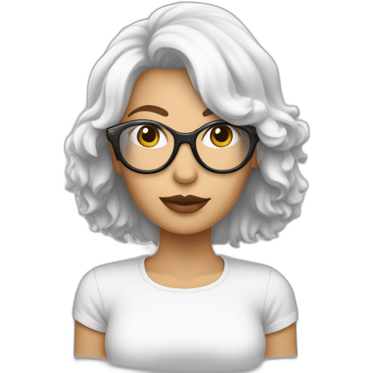 mujer con gafas pelo negto largo piel blanca con bichon maltés blanco emoji