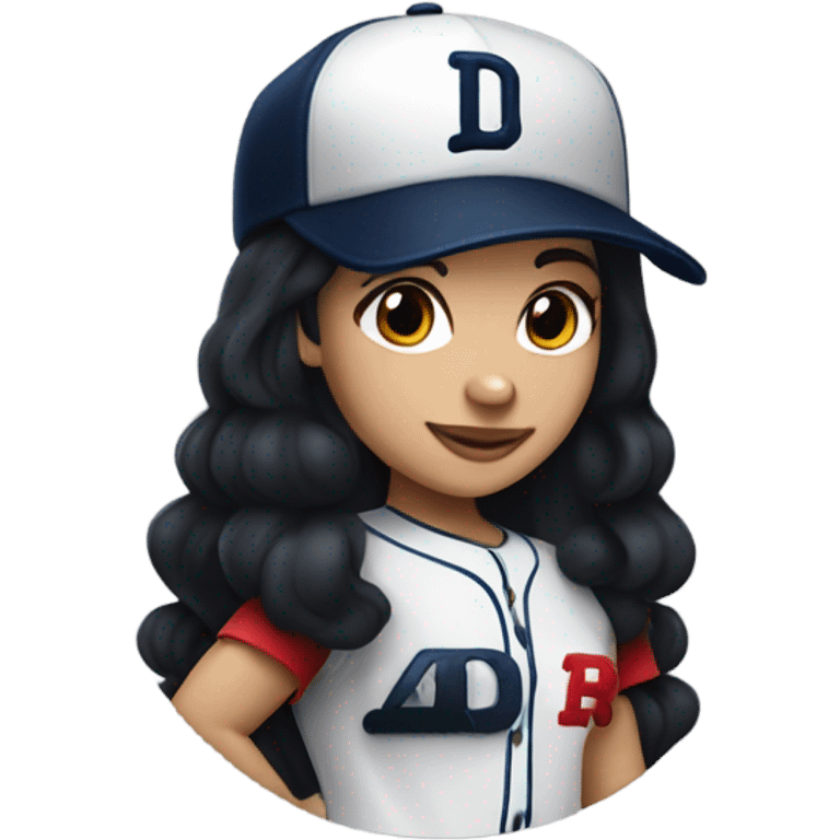 White girl with black long hair who wearing navy ballcap emblazoned with a red D initial and wearing baseball uniform emoji