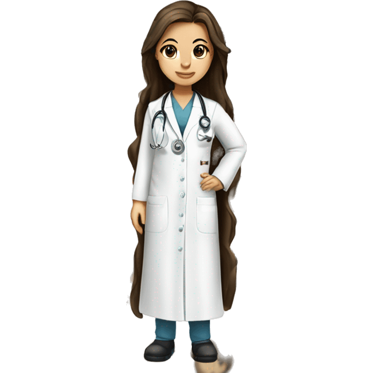 Medical student girl with long dark brown hair and fair skin. She has a name tag on her white robe that says “Günay” emoji