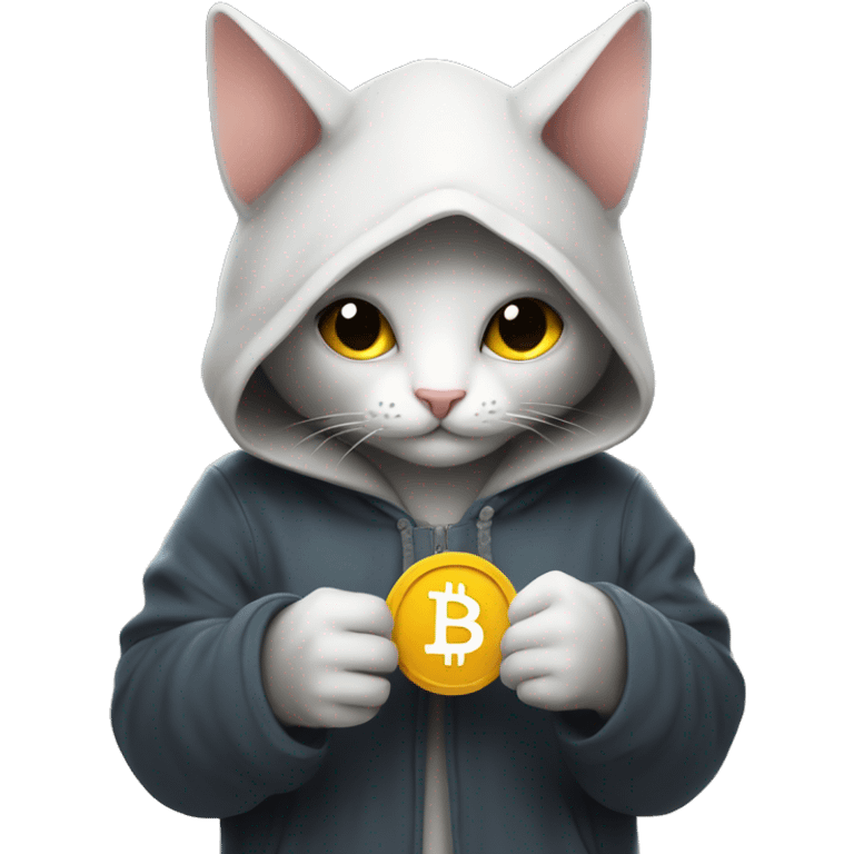 A hooded cat is holding btc in his hand , sweeter and night-themed emoji