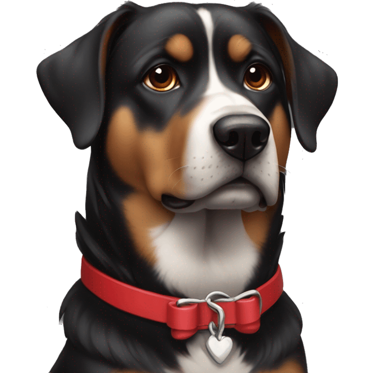 black dog, big jowls, sad puppy eyes, angel wings, red collar emoji