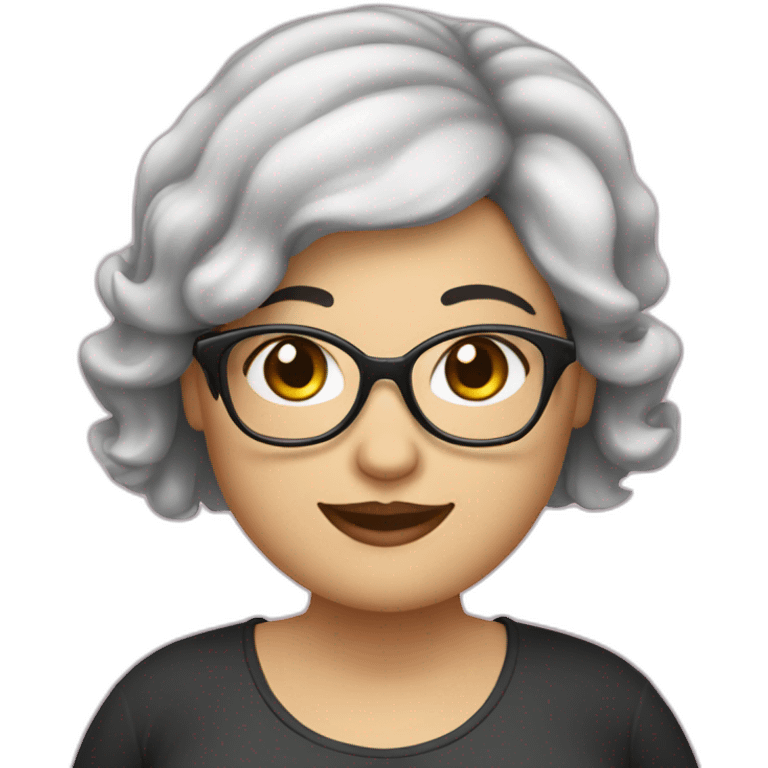 A chubby white young woman with black hair glasses and smiling emoji