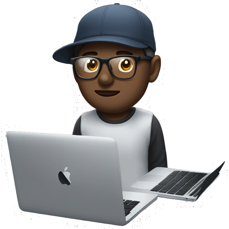 White male with dark hair, clear lens glasses in front of a MacBook with overeat headphones on and a backwards hat emoji