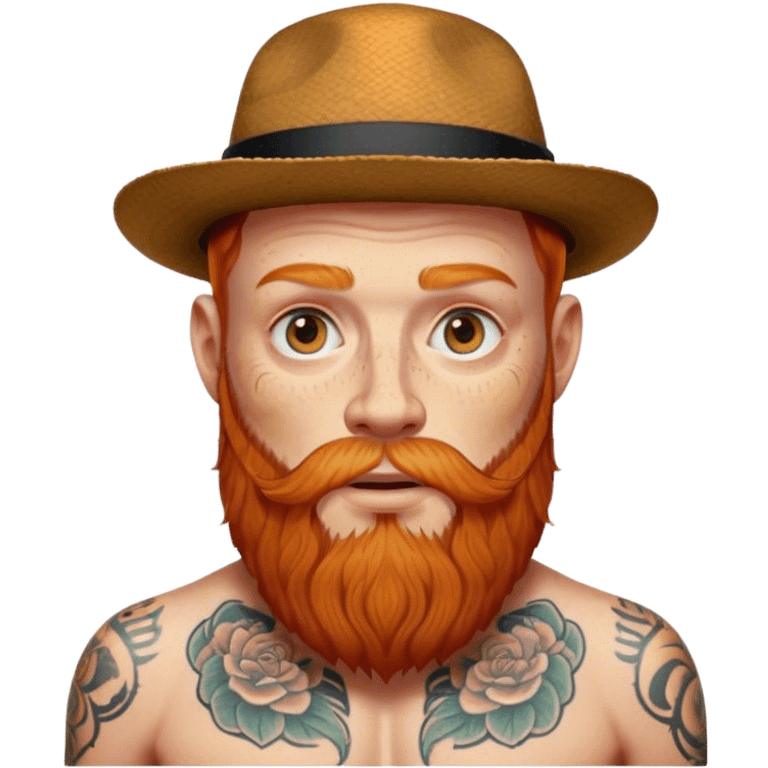 Long Ginger bearded man with tattoos and hat emoji