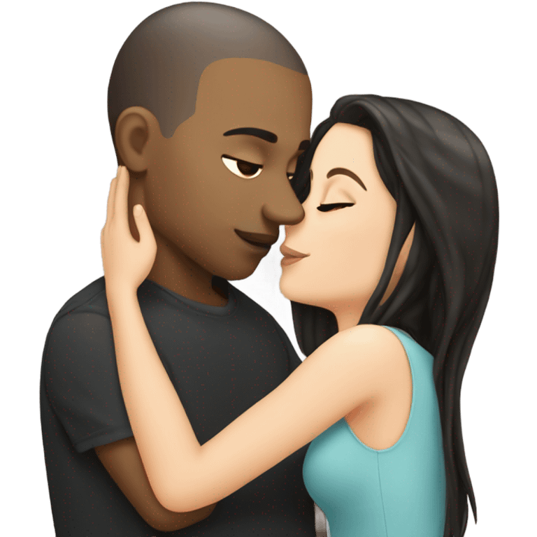 White girl dark hair kissing bald black man emoji