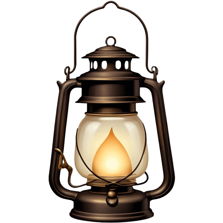 Cinematic Realistic Lantern, an old-fashioned glass lantern with a warm flickering glow, delicate details on the metal handle, softly illuminating the surrounding darkness, glowing with a comforting and nostalgic charm. emoji