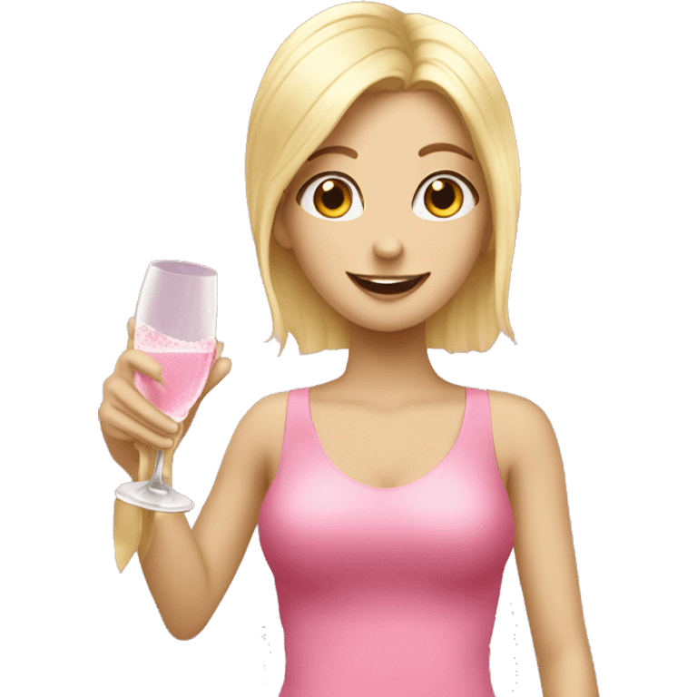 Blonde girl cheering up with champagne over head pink emoji