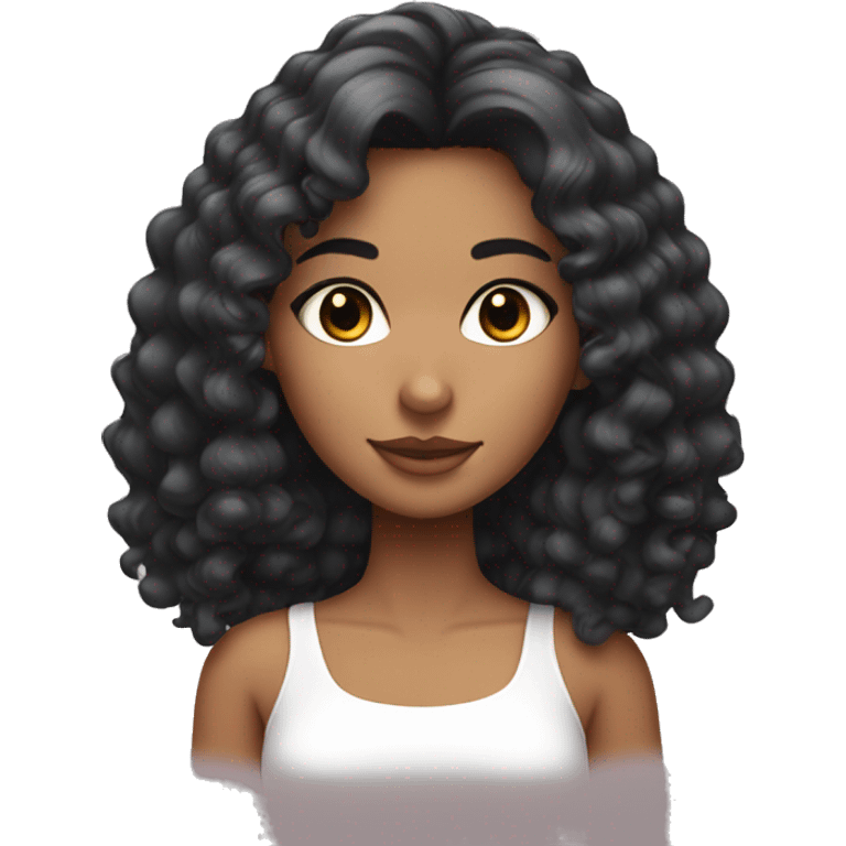 tanned skin girl with black curly medium length hair with eyelashes and a white top  emoji