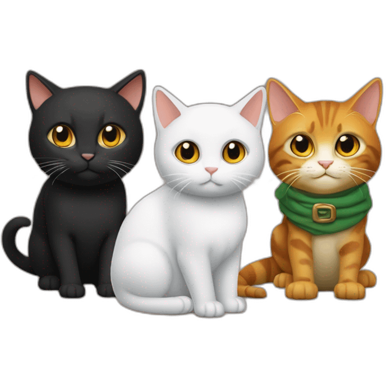 un chat roux, un chat noir en écaille tortue et un chat noir et blanc l'un à côté de l'autre emoji