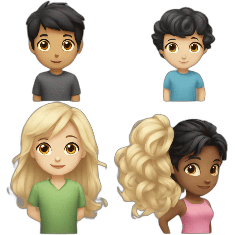 a boy with short black hair and brown eyes; a girl with long blond hair and grey eyes; baby emoji