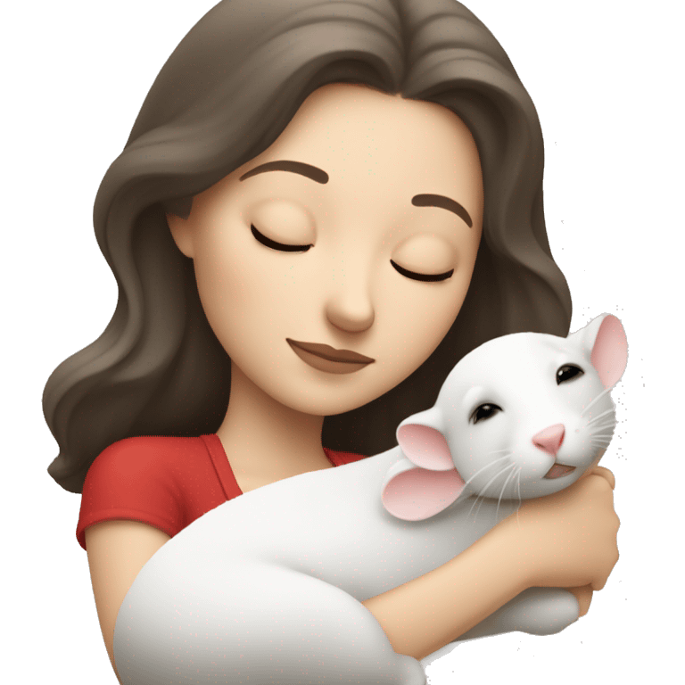 white brunette sleeping woman cuddling with one small white rat with red eyes emoji