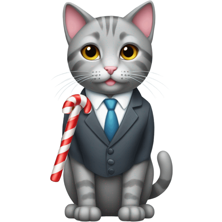 Gray cat wearing a suit and carrying a candy cane emoji