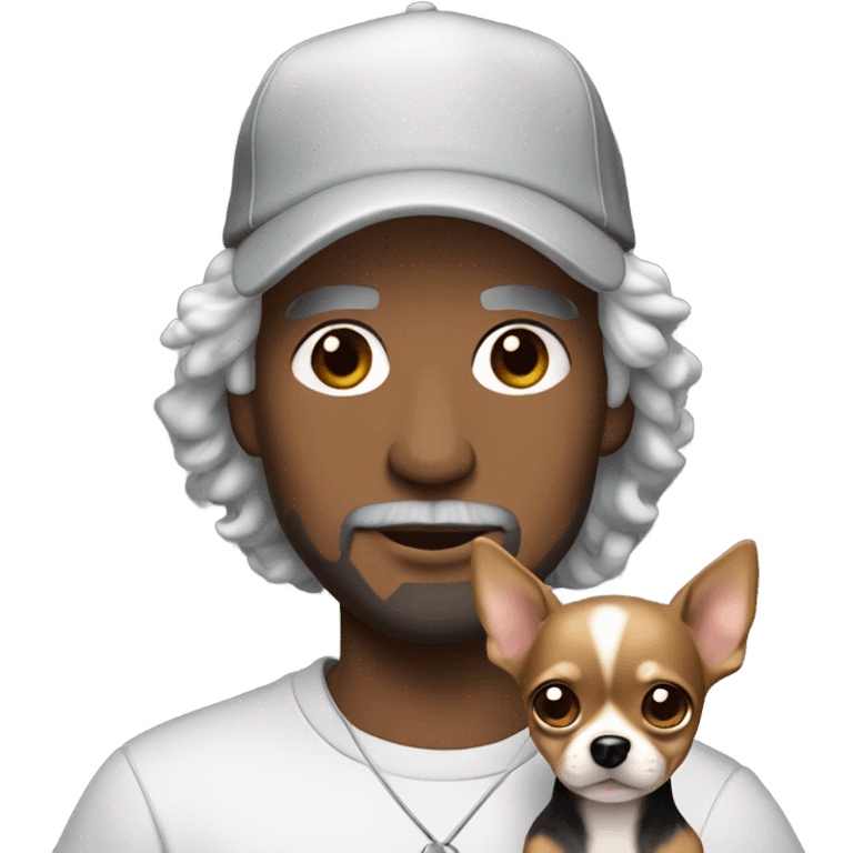 man with blue eyes gray hair and goatee wearing ball cap holding chihuahua with long black hair emoji