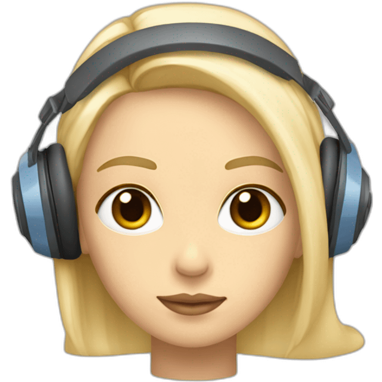 Femme yeux bleus, cheveux longs et blonds, avec un casque musique beige emoji