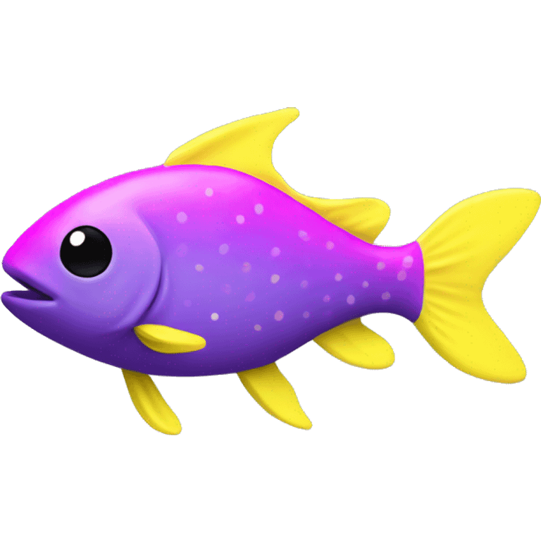 tiny fish with purpleish pink front face and half front of body, neon yellow back half and black dot on top fin emoji