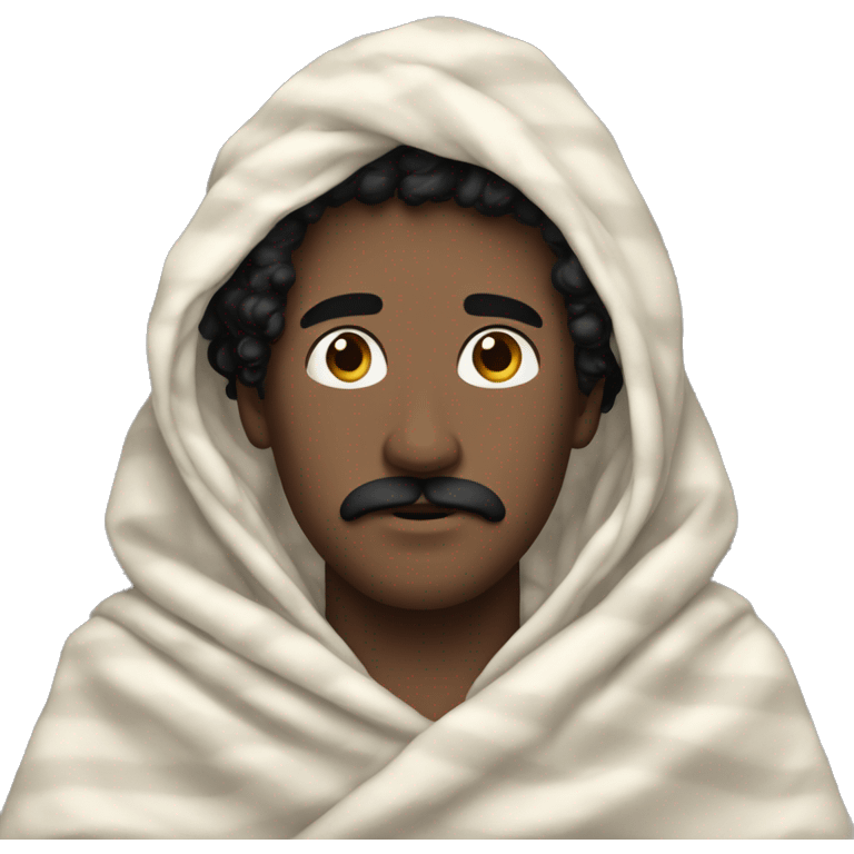 Pale white man, black curly hair and black mustache, wrapped in a blanket emoji