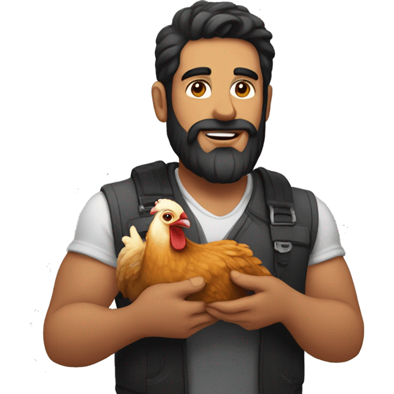 Man with chicken in his hands with dark hair and beard emoji