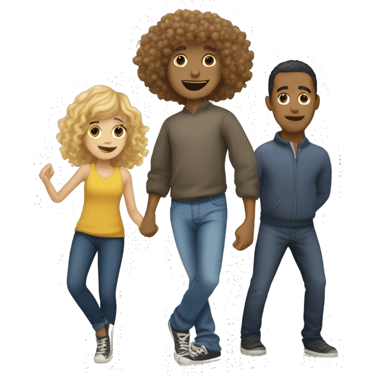 a tall blond man, a biracial girl with bangs, and a biracial man with curly hair on top dancing emoji