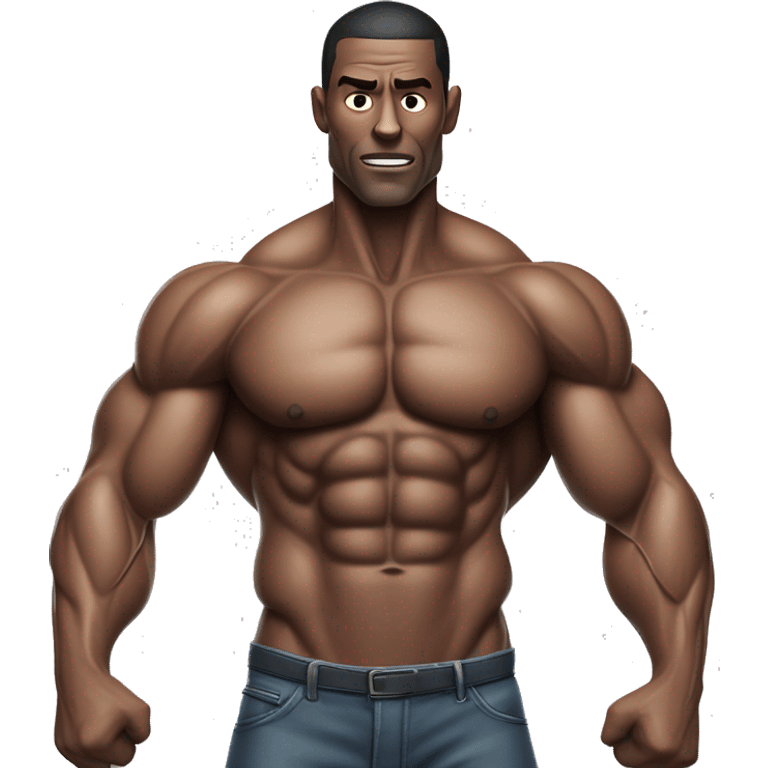 A muscular man with veins visible across his chest, but his arms are extremely thin, creating a striking contrast with his well-defined six-pack. His exaggerated physique, with unusually thin arms, creates a surreal and intense visual. emoji