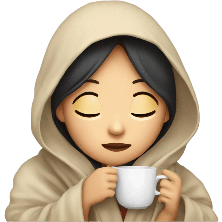 asian girl inside a blanket sipping coffee eyes closed emoji