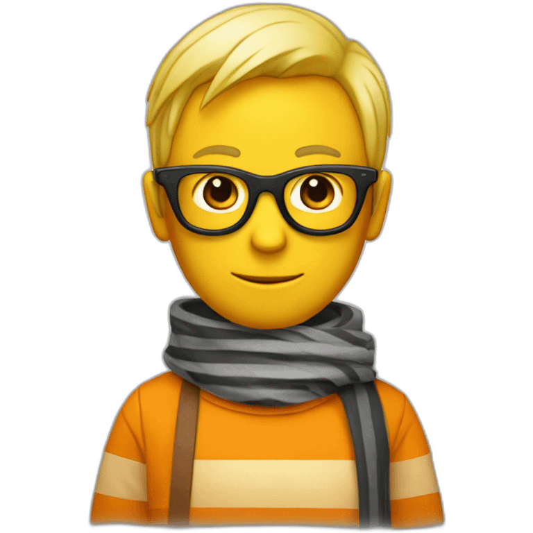 Club-Pengun-yellow penguin with black glasses dirtyblonde hair with orange tshirt and gray striped scarf emoji