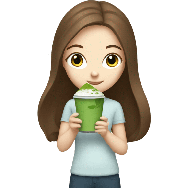 white girl with long brown hair and blue eyes holding a matcha  emoji