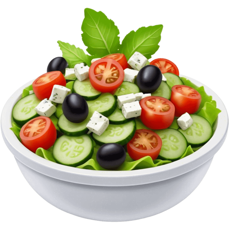 Cinematic Realistic Greek Salad Dish Emoji, depicted with crisp lettuce, tomatoes, cucumbers, olives, and feta cheese rendered with vibrant textures and fresh, natural lighting. emoji