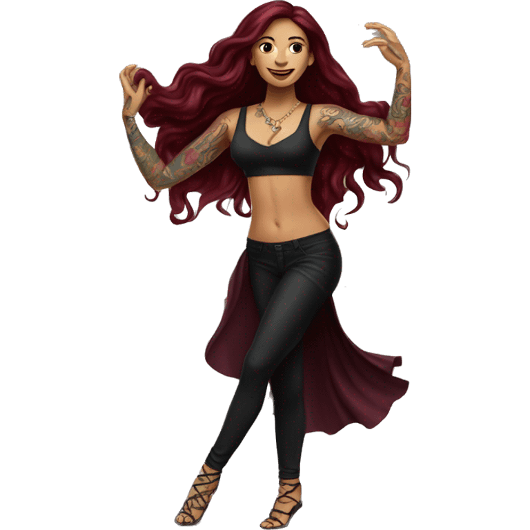 Beautiful tattooed burgundy long haired woman dancing emoji