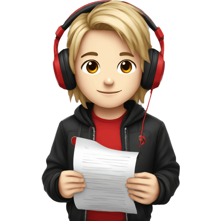 A chibi boy with long hair, in a black jacket with a red T-shirt, wearing marshall major 4 headphones, reads the text from a piece of paper emoji