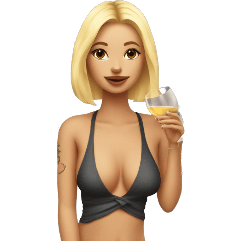 blonde girl in swimsuit, tattoos everywhere, drinking wine emoji