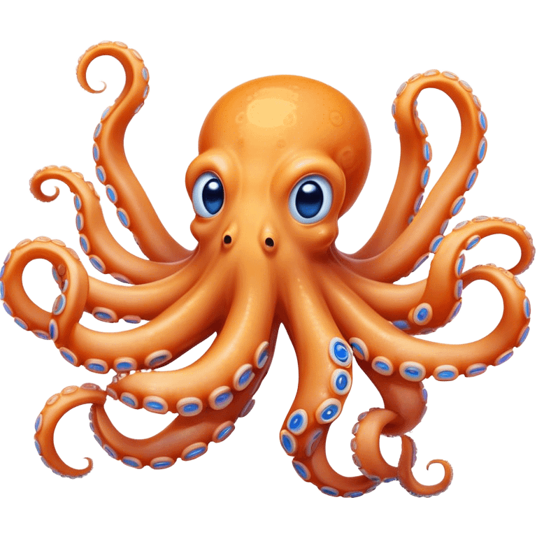 Cinematic Comical smirking Octopus Portrait Emoji, Head tilted dramatically with an exaggeratedly amused expression, featuring a rotund, light orange body festooned with bold blue rings and eight wildly expressive arms with comically animated suckers, Simplified yet hilariously expressive features, highly detailed, glowing with a slightly sassy underwater glow, high shine, dramatic yet playful, stylized with an air of quirky marine mischief, soft glowing outline, capturing the essence of a meme-worthy octopus that looks ready to squirt its way into viral fame! emoji