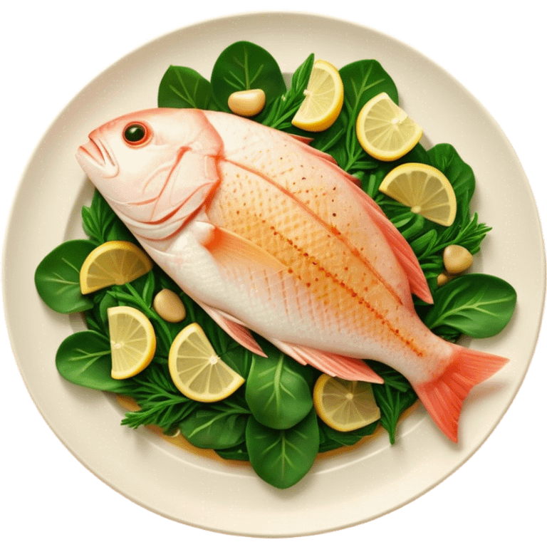 Cinematic fresh snapper fillet, pan-seared to golden perfection, soft and flaky texture, resting on a bed of sautéed greens, warm glowing background, refined and elegant. emoji