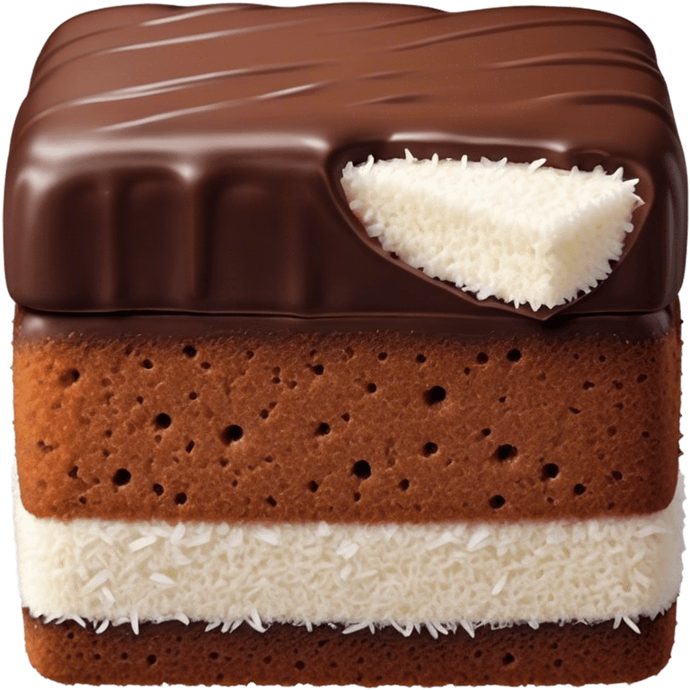 Lamington Cinematic Realistic Lamington Dessert Emoji, depicted as a sponge cake square coated in chocolate and dusted with coconut on all sides, rendered with lifelike textures and vibrant, tropical lighting. emoji