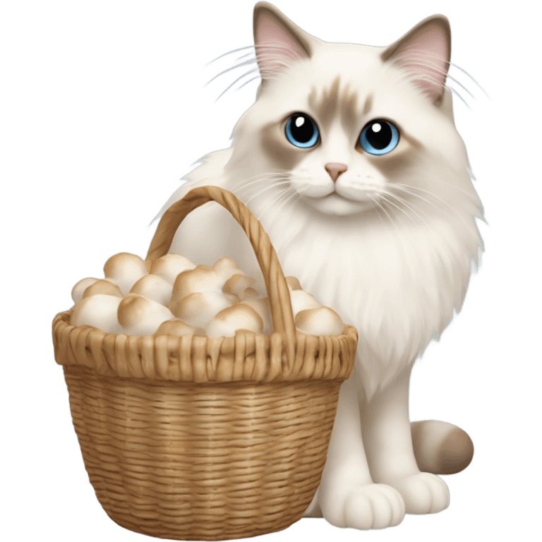 Beige Ragdoll cat carrying a basket of white mushrooms  emoji