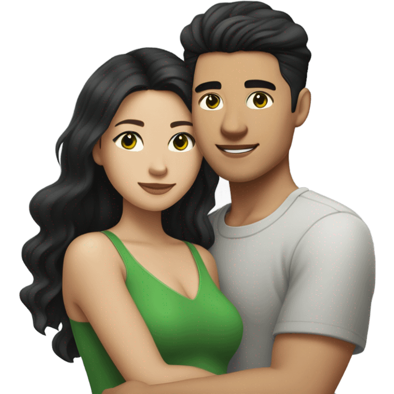 Light skin Asian man with straight black undercut hair and a white brunette woman with green eyes and long wavy hair tightly hugging each other  emoji